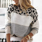 Women's Color Block Leopard Pattern Round Neck Sweater