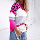 Women's Color Block Leopard Pattern Round Neck Sweater