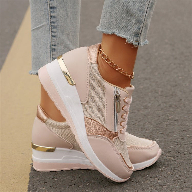 Women's Casual Mesh Lace-Up Wedge Sole Sneakers with Side Zipper