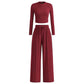 Woman's 2-Piece Ribbed Knit Long Sleeve Crop Top Wide Leg Pants Matching Lounge Set Loungewear