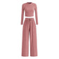 Woman's 2-Piece Ribbed Knit Long Sleeve Crop Top Wide Leg Pants Matching Lounge Set Loungewear
