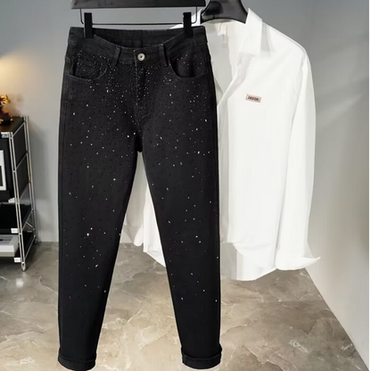 💥Christmas Sale 49% OFF👖 Rhinestone Embellished Slim-Fit Black Denim Jeans - Stretch Comfort with Sparkling Waistband for a Dazzling Look 💎🖤
