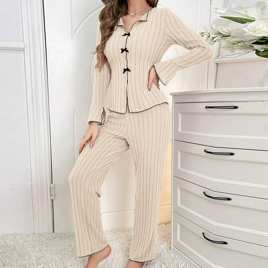 🔥New Arrivals Hot Sale⚡Women's Ribbed Knit Pajamas Sets with Lapel Collar & Bows