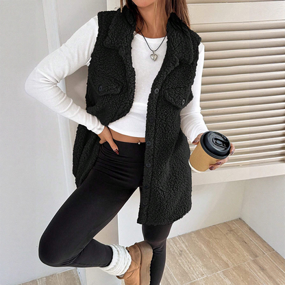 ⏳Limited-time 50% off⏰Women's Warm Fuzzy Long Button-Up Collar Vest🧥