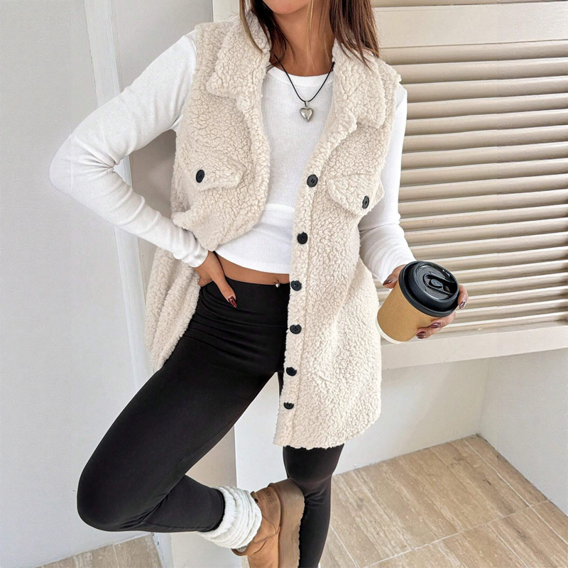 ⏳Limited-time 50% off⏰Women's Warm Fuzzy Long Button-Up Collar Vest🧥