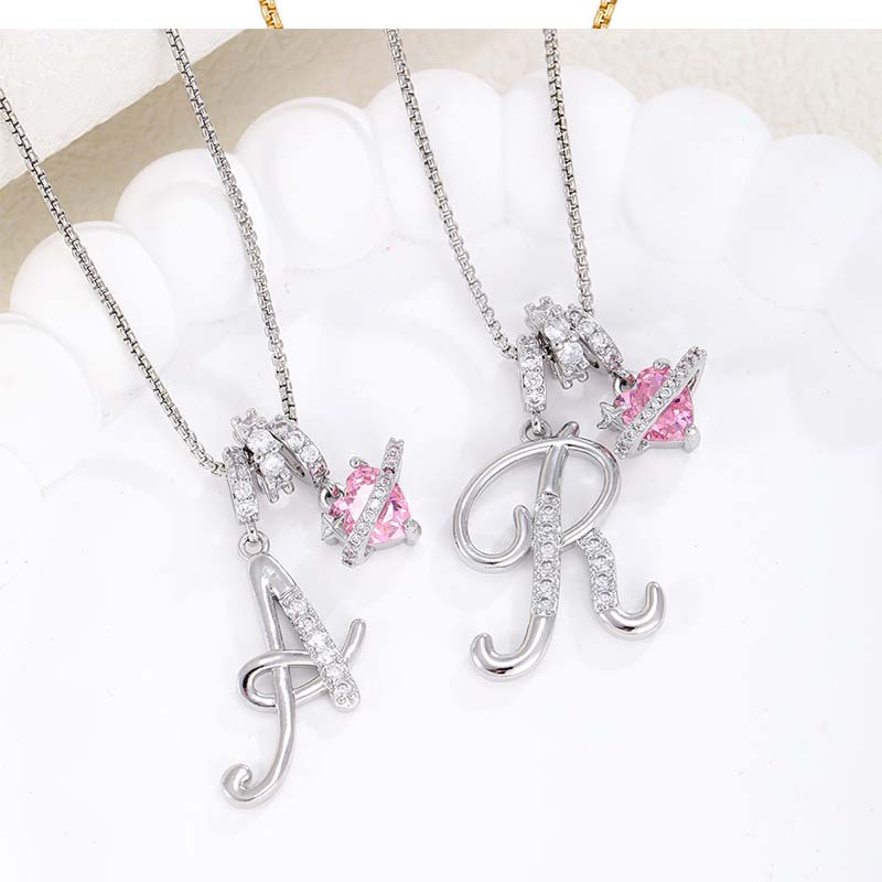 Initial Letter Necklace with Pink Heart Charm