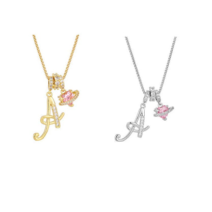 💖Initial Letter Necklace with Pink Heart Charm✨