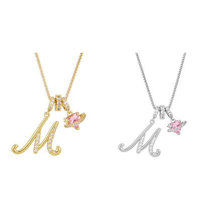 💖Initial Letter Necklace with Pink Heart Charm✨