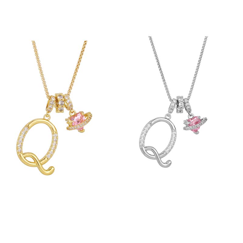Initial Letter Necklace with Pink Heart Charm