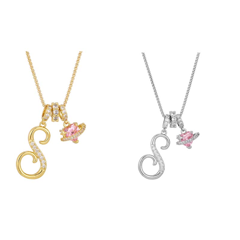 Initial Letter Necklace with Pink Heart Charm