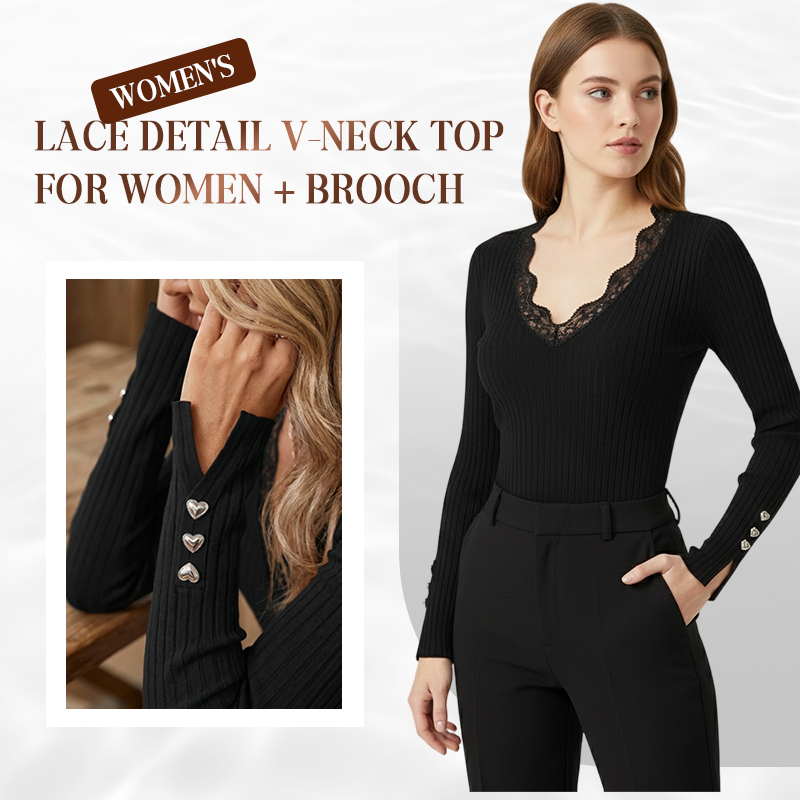 ✨Time-Limited Special⏰Value Bundle: Lace Detail V-Neck Top for Women + Brooch