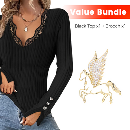 ✨Time-Limited Special⏰Value Bundle: Lace Detail V-Neck Top for Women + Brooch