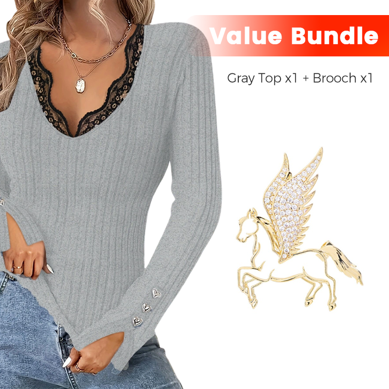 ✨Time-Limited Special⏰Value Bundle: Lace Detail V-Neck Top for Women + Brooch