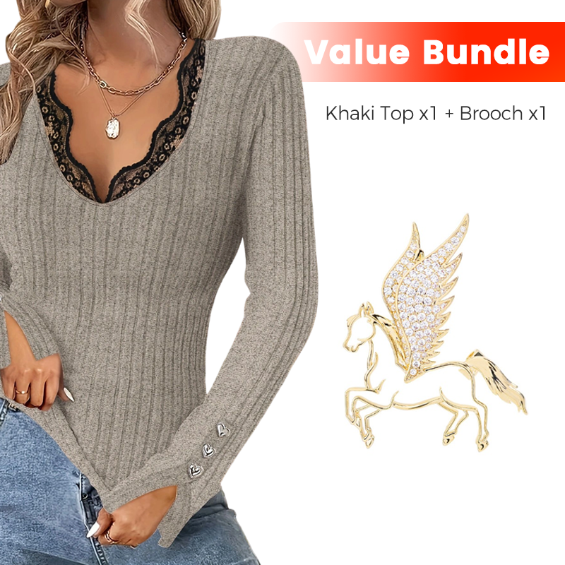 ✨Time-Limited Special⏰Value Bundle: Lace Detail V-Neck Top for Women + Brooch