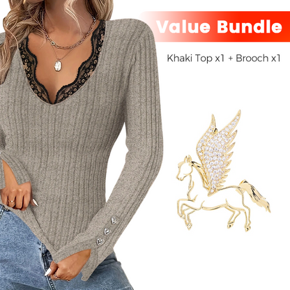 ✨Time-Limited Special⏰Value Bundle: Lace Detail V-Neck Top for Women + Brooch