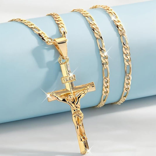 ✝️ 50% OFF! ✨ Gold Crucifix Necklace – Detailed INRI Motif, Adjustable Figaro Chain & Sparkling Finish 💛