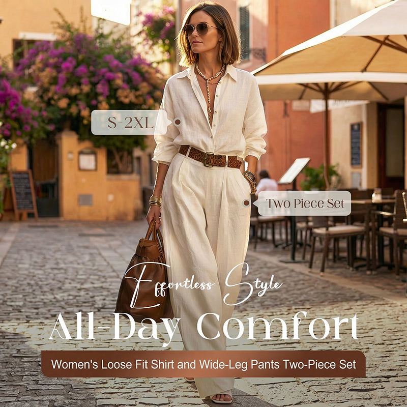 💥Women's Loose Fit Shirt & Wide-Leg Pants Two-Piece Set