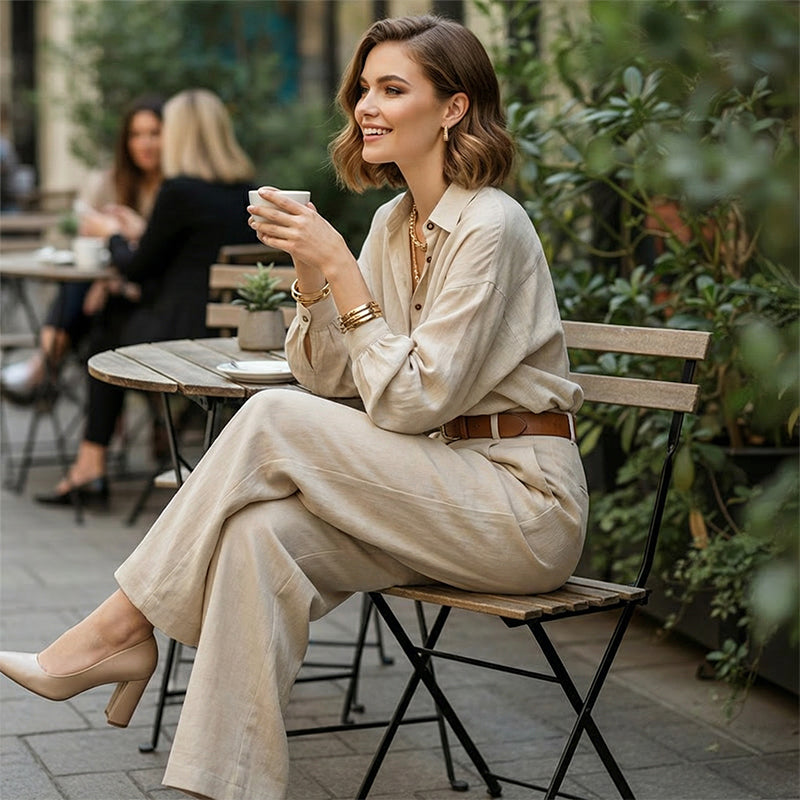 💥Women's Loose Fit Shirt & Wide-Leg Pants Two-Piece Set