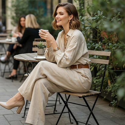 💥Women's Loose Fit Shirt & Wide-Leg Pants Two-Piece Set