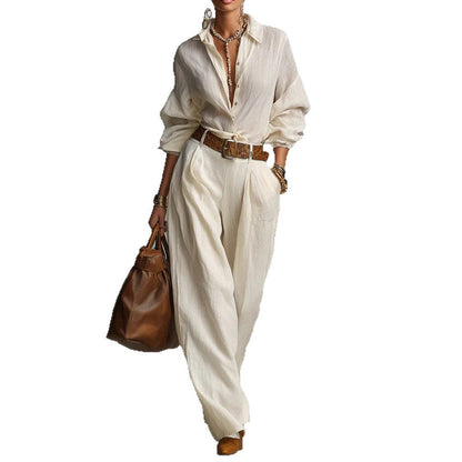 💥Women's Loose Fit Shirt & Wide-Leg Pants Two-Piece Set
