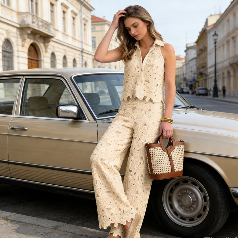 Elegant Hollow-Out Sleeveless Blouse & Trousers Suit