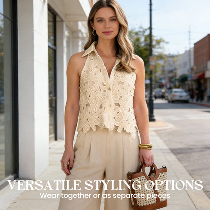 Elegant Hollow-Out Sleeveless Blouse & Trousers Suit