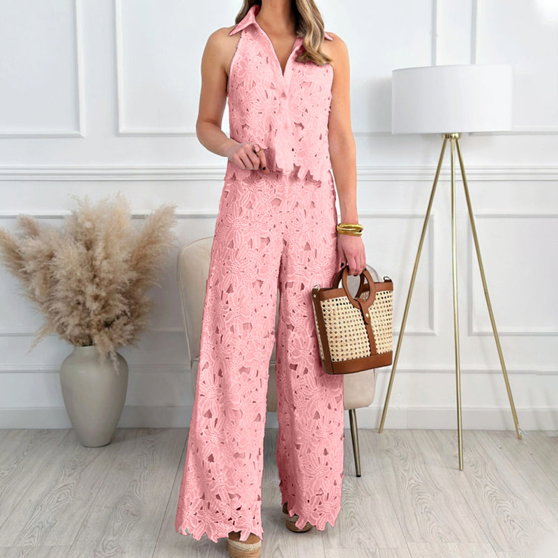 Elegant Hollow-Out Sleeveless Blouse & Trousers Suit