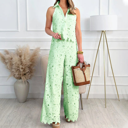 Elegant Hollow-Out Sleeveless Blouse & Trousers Suit