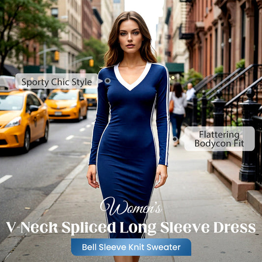 Women's Causal V-Neck Spliced Long Sleeve Dress