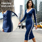 Women's Causal V-Neck Spliced Long Sleeve Dress