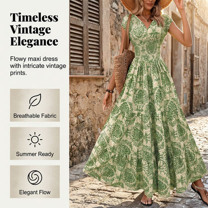 🌸 LIMITED-TIME 50% OFF! 👗 Women's V-Neck Floral Smocked Maxi Dress – Elegant, Bohemian, Lightweight 🦋