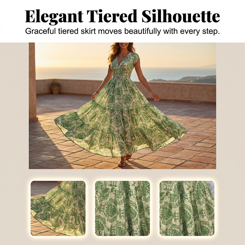 🌸 LIMITED-TIME 50% OFF! 👗 Women's V-Neck Floral Smocked Maxi Dress – Elegant, Bohemian, Lightweight 🦋