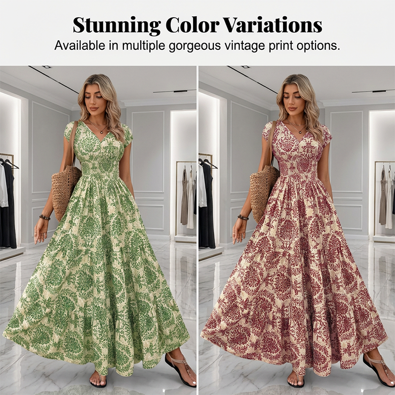 🌸 LIMITED-TIME 50% OFF! 👗 Women's V-Neck Floral Smocked Maxi Dress – Elegant, Bohemian, Lightweight 🦋
