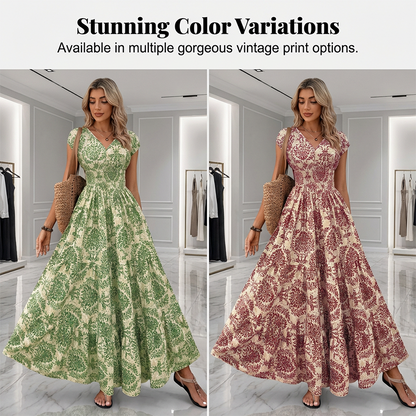 🌸 LIMITED-TIME 50% OFF! 👗 Women's V-Neck Floral Smocked Maxi Dress – Elegant, Bohemian, Lightweight 🦋