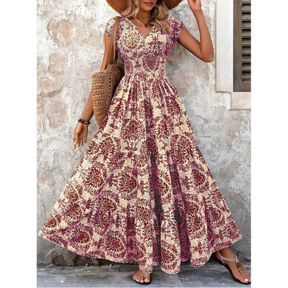 🌸 LIMITED-TIME 50% OFF! 👗 Women's V-Neck Floral Smocked Maxi Dress – Elegant, Bohemian, Lightweight 🦋