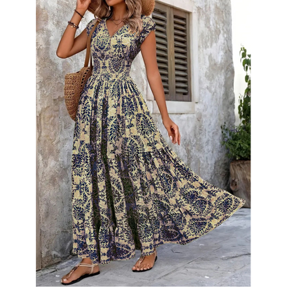 🌸 LIMITED-TIME 50% OFF! 👗 Women's V-Neck Floral Smocked Maxi Dress – Elegant, Bohemian, Lightweight 🦋