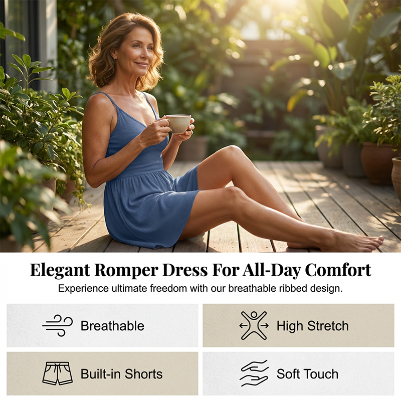 🥳Last Day Special Price ￡16.99!!🌿 49% OFF! Women‘s Ribbed Knit Romper – Breathable & skin-friendly, keeps shape. Flared skirt with hidden shorts, no riding up. 6 colors. Effortless everyday elegance. 👙✅