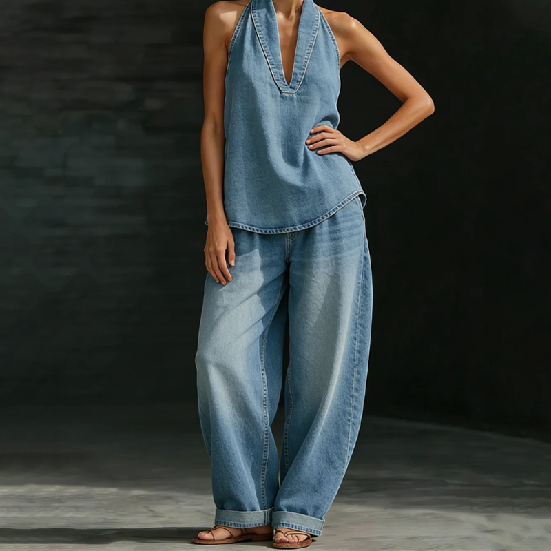Women's Casual Halter Top & Wide-Leg Pants Set