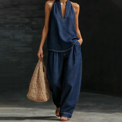 Women's Casual Halter Top & Wide-Leg Pants Set