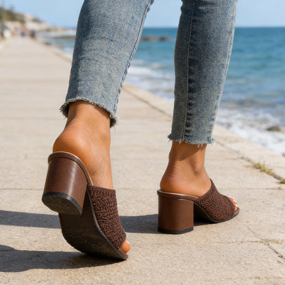 Women's Knit Open-Toe Block Heel Sandals