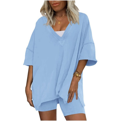Women's V-Neck T-Shirts and Casual Shorts Two-piece Set