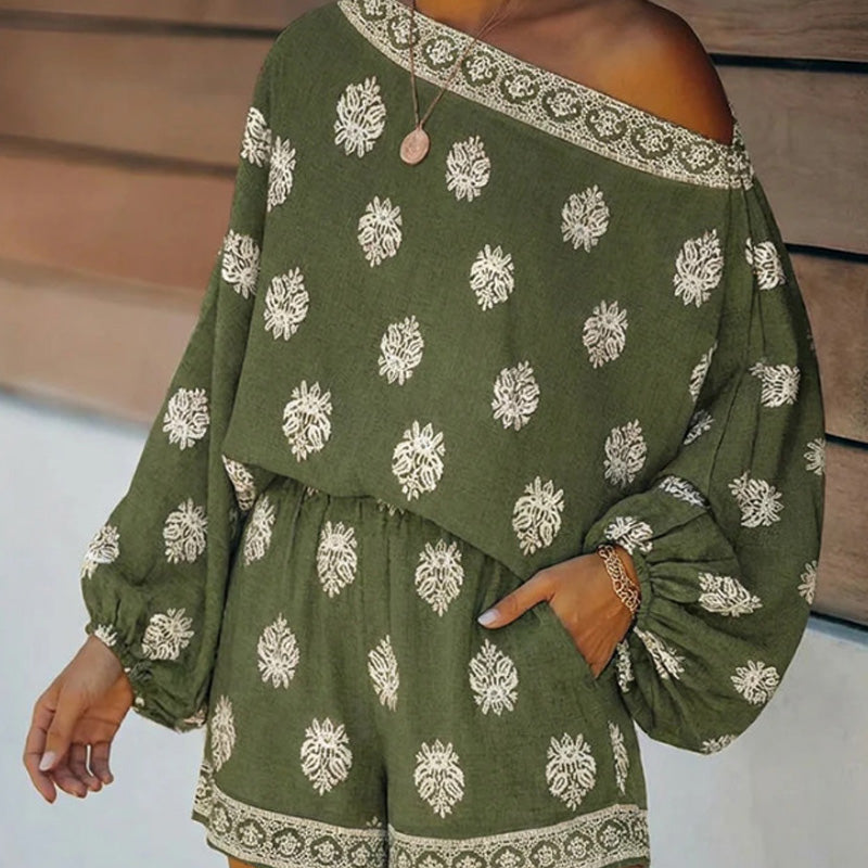 🔥While Supplies Last 50% OFF!🎉 Bohemian Off-Shoulder Printed Jumpsuit Set