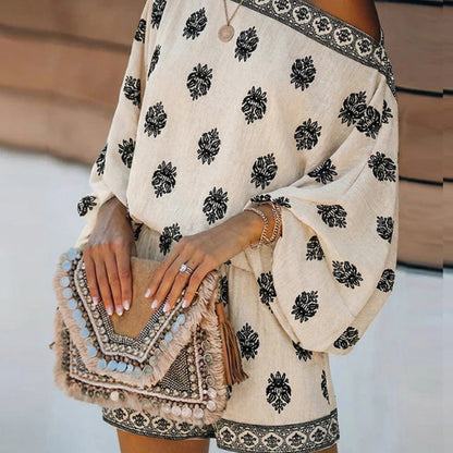 🔥While Supplies Last 50% OFF!🎉 Bohemian Off-Shoulder Printed Jumpsuit Set