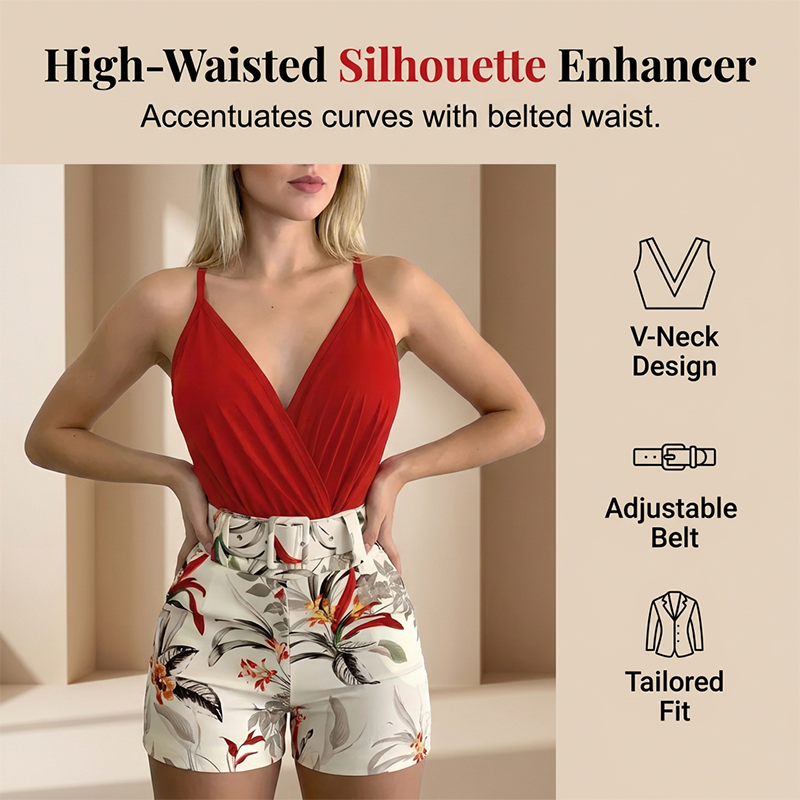 🌴🍹 V-Neck & High-Waist Shorts Set – Tropical Print – 2-Piece Vacation Outfit 💃