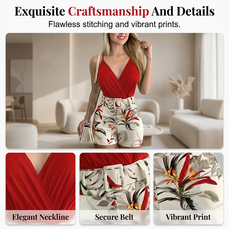 🌴🍹 V-Neck & High-Waist Shorts Set – Tropical Print – 2-Piece Vacation Outfit 💃