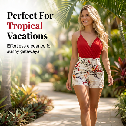🌴🍹 V-Neck & High-Waist Shorts Set – Tropical Print – 2-Piece Vacation Outfit 💃