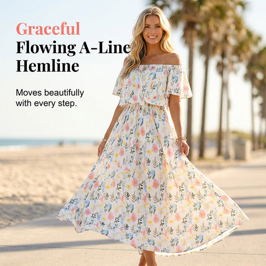 👗 60% OFF NOW! 🌸 Printed Off-Shoulder Short Sleeve Maxi Dress – Floral Print, Ruffled Bodice & Hidden Pockets ✨🎁（Random Gift)