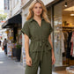 Women's Collared Drawstring Waist Top & Pants Set