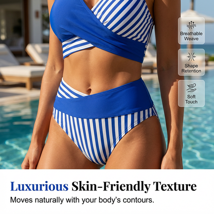 Two-Piece Color Block & Stripe Bikini Swimsuit