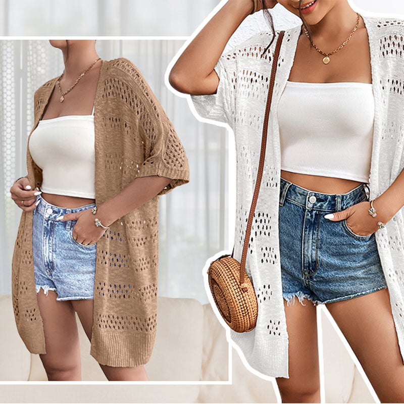 👚 50% OFF NOW! 🌸 Women's Short Sleeve Hollow-Out Knit Cardigan – Breathable Pointelle, Lightweight & Versatile Open-Front – Summer Essential ☀️